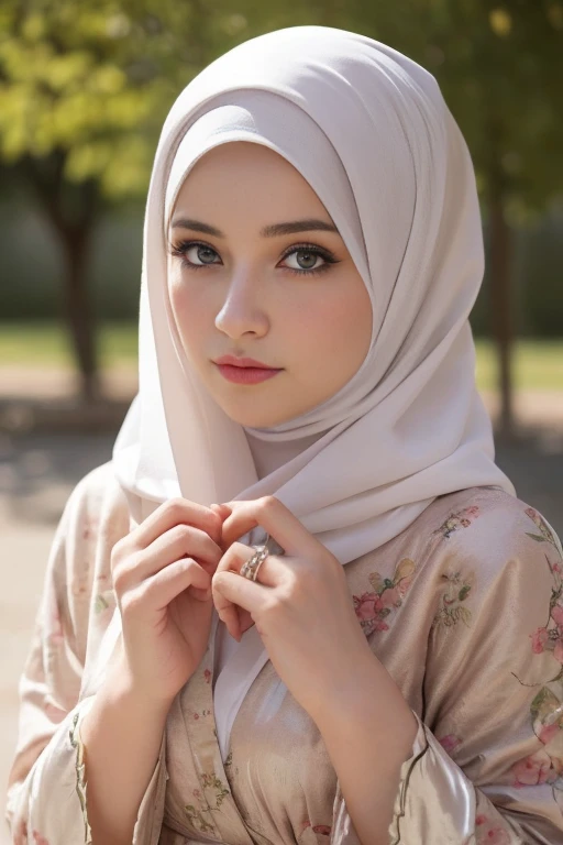 masutepiece, Best quality, une fille, (belle fille:1.3), Very fine eye definition, (eyes symmetrical:1.3), 、, yeux bruns, ,  Bosseler、robes 、Hijab,colored voile,robe originale