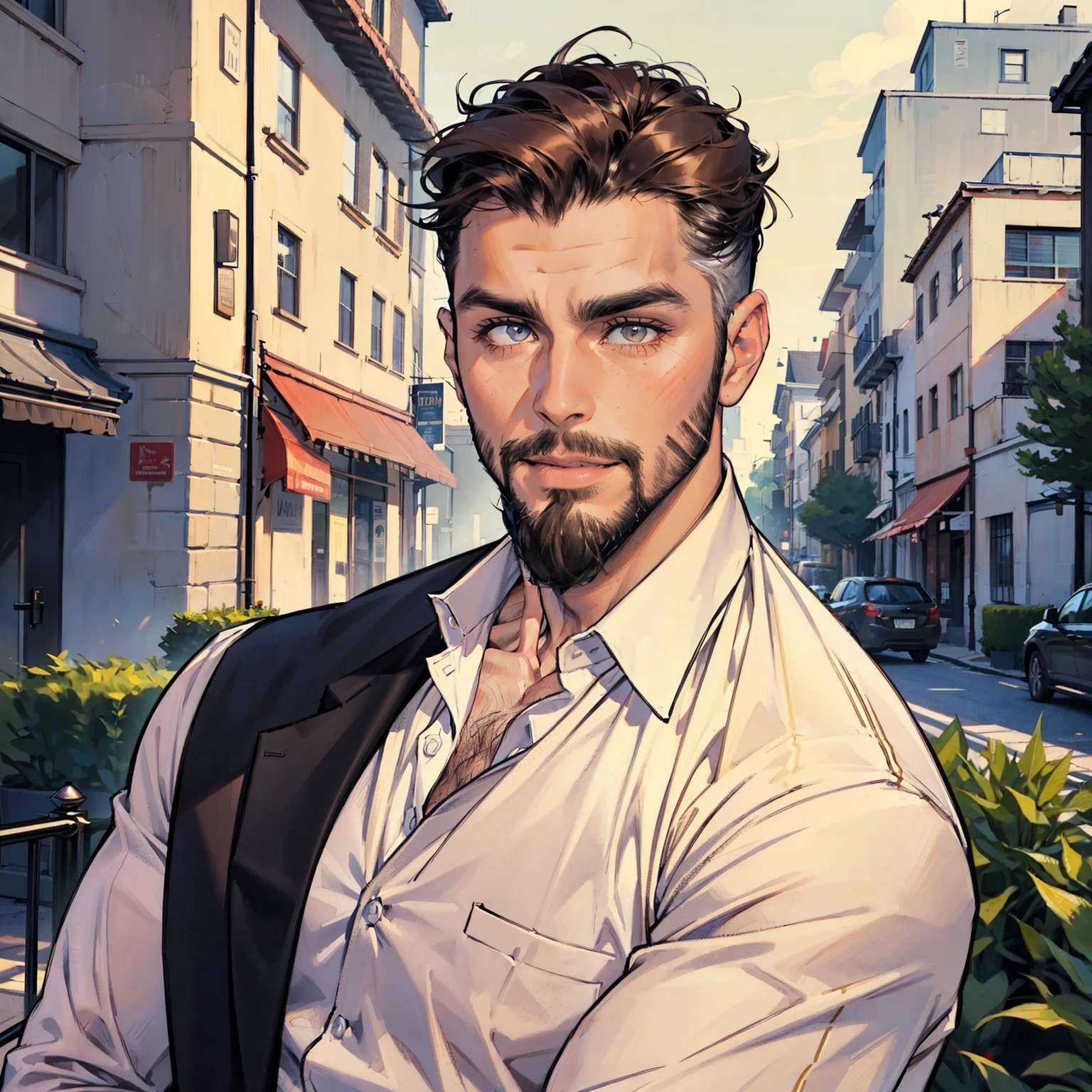 a close up of a man with a beard and a white shirt, very attractive man with beard, well-groomed model, with a small beard, short facial hair, thin beard, short beard, groomed facial hair,, attractive male, modern haircut, neat beard, handsome and attractive, short brown beard, handsome attractive face, landscape