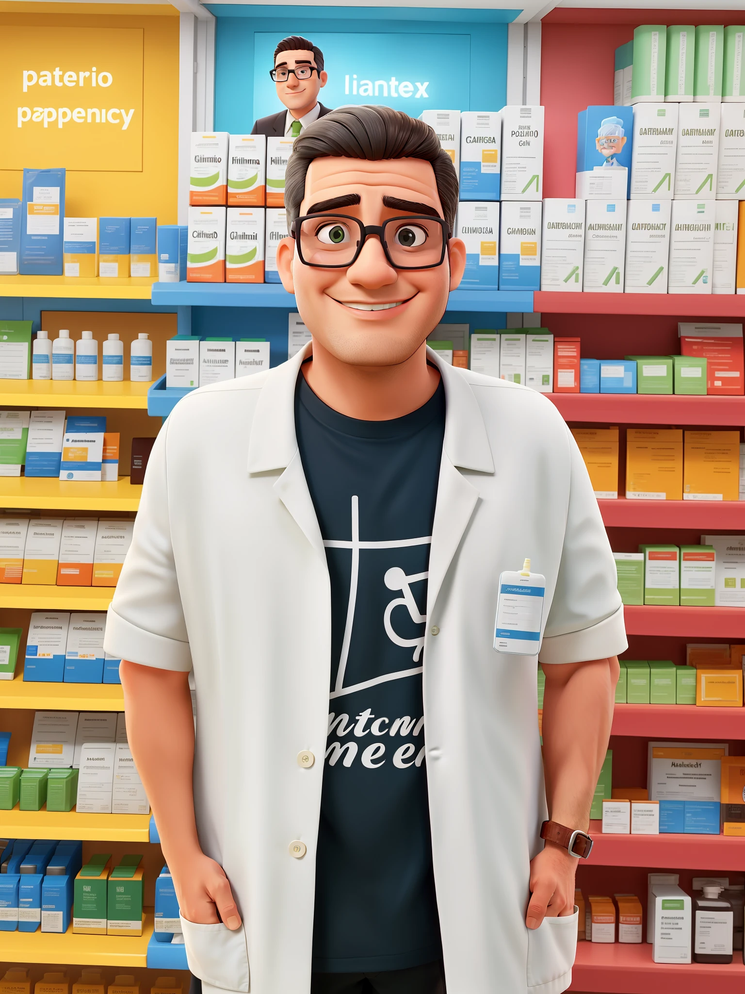 Man with pharmacy experience,  Standing near the pharmacy, altamente detalhado, pharmacy scene, colorless glasses incolor in face, cabelo grisalho, cabelo de cor clara e grisalho, rosto arredondado, com papada, 50 anos