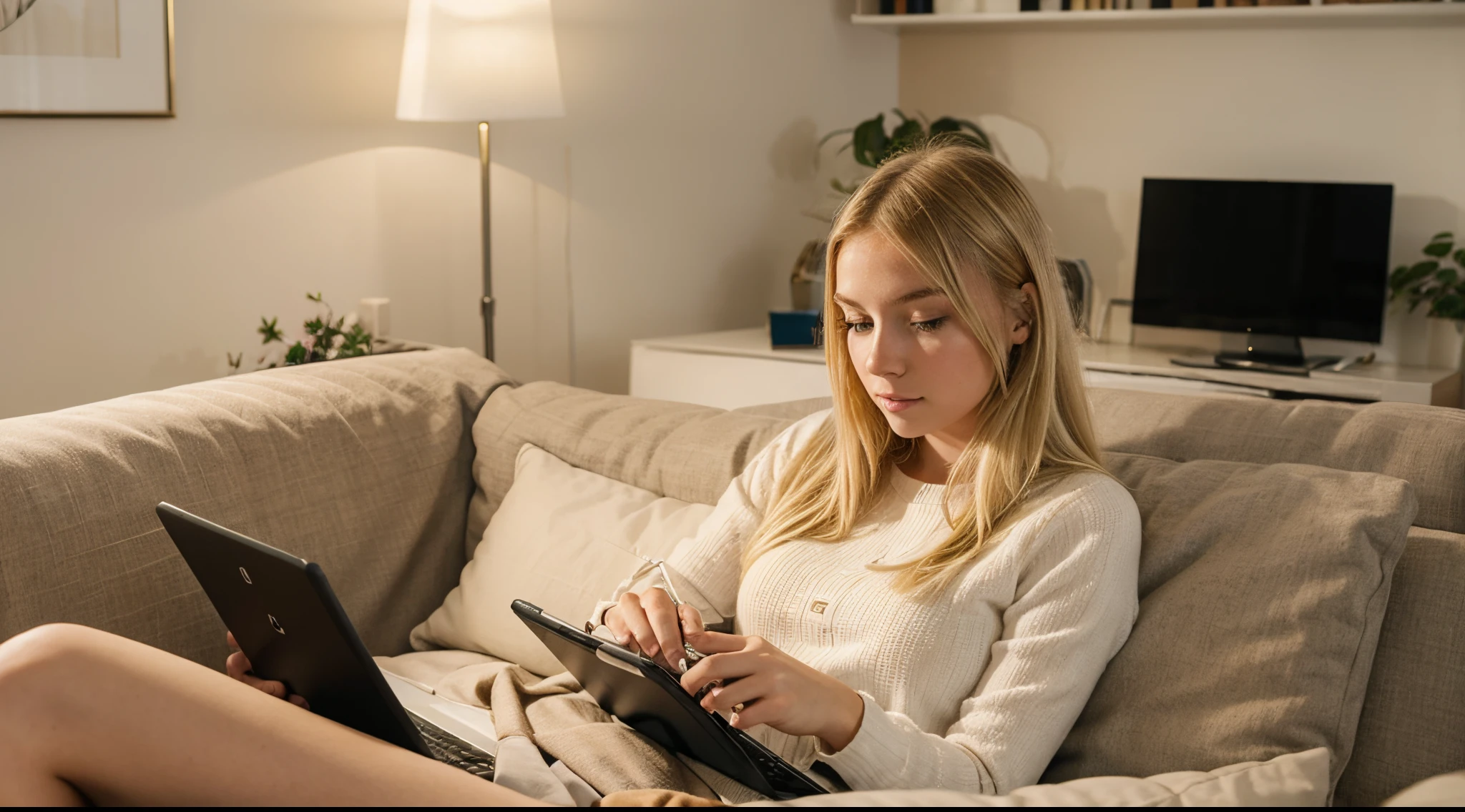 young blonde girl working on laptop on sofa at home, cosy room,