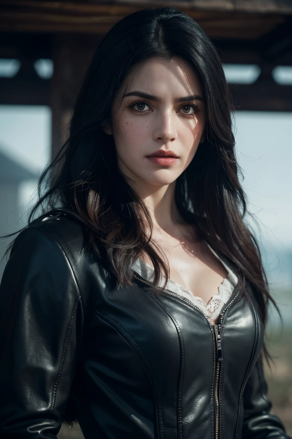 linda guerreira com longos cabelos pretos, Ela se parece com Yennefer de The Witcher, Ela usa uma jaqueta de couro , your face is stained with blood and freckles, His skin is white, and his expression is angry