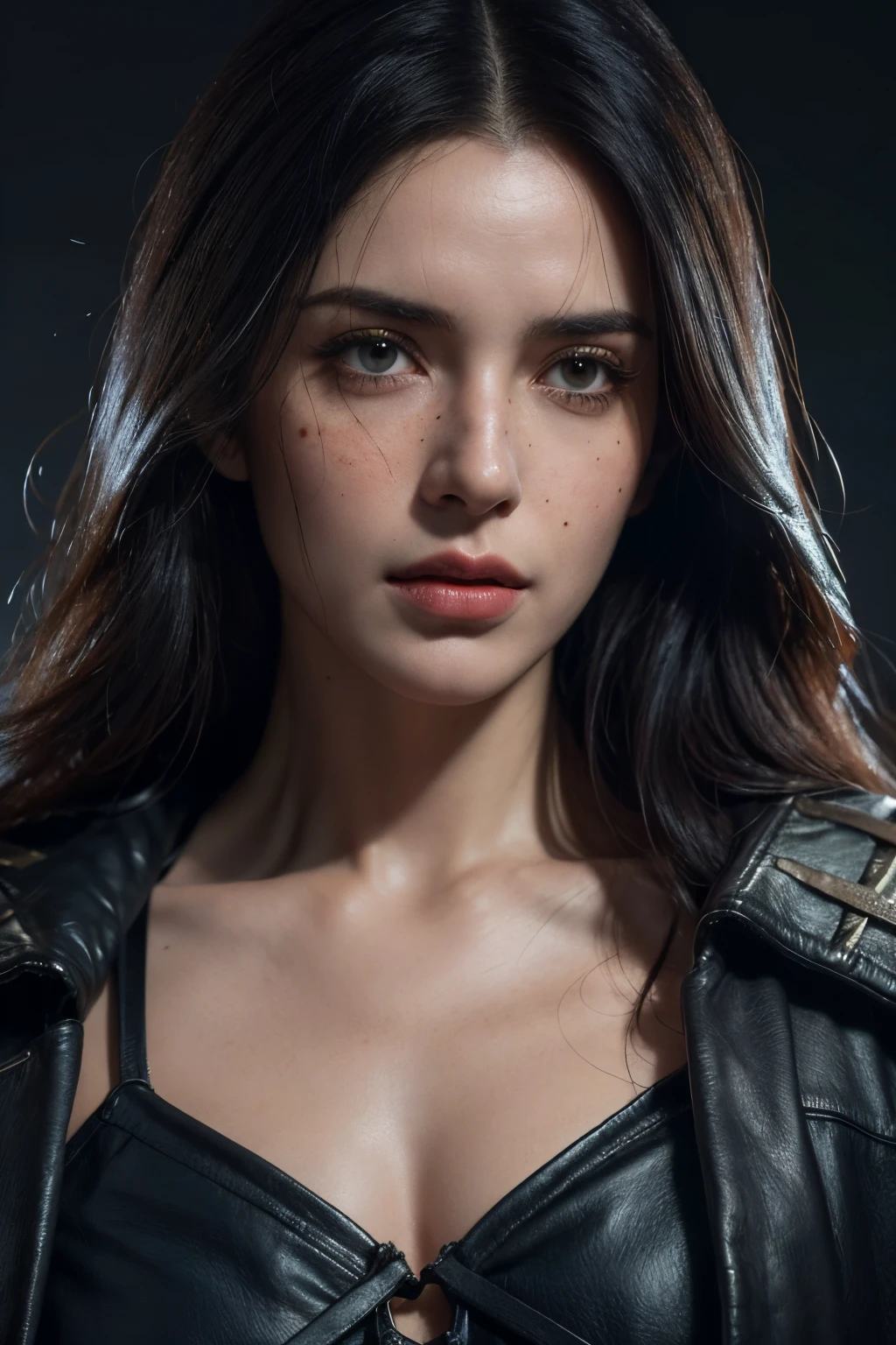 linda guerreira com grandes olhos azuis E longos cabelos pretos, Ela se parece com Yennefer de The Witcher, Ela usa uma jaqueta de couro , your face is stained with blood and freckles, His skin is white, and his expression is angry