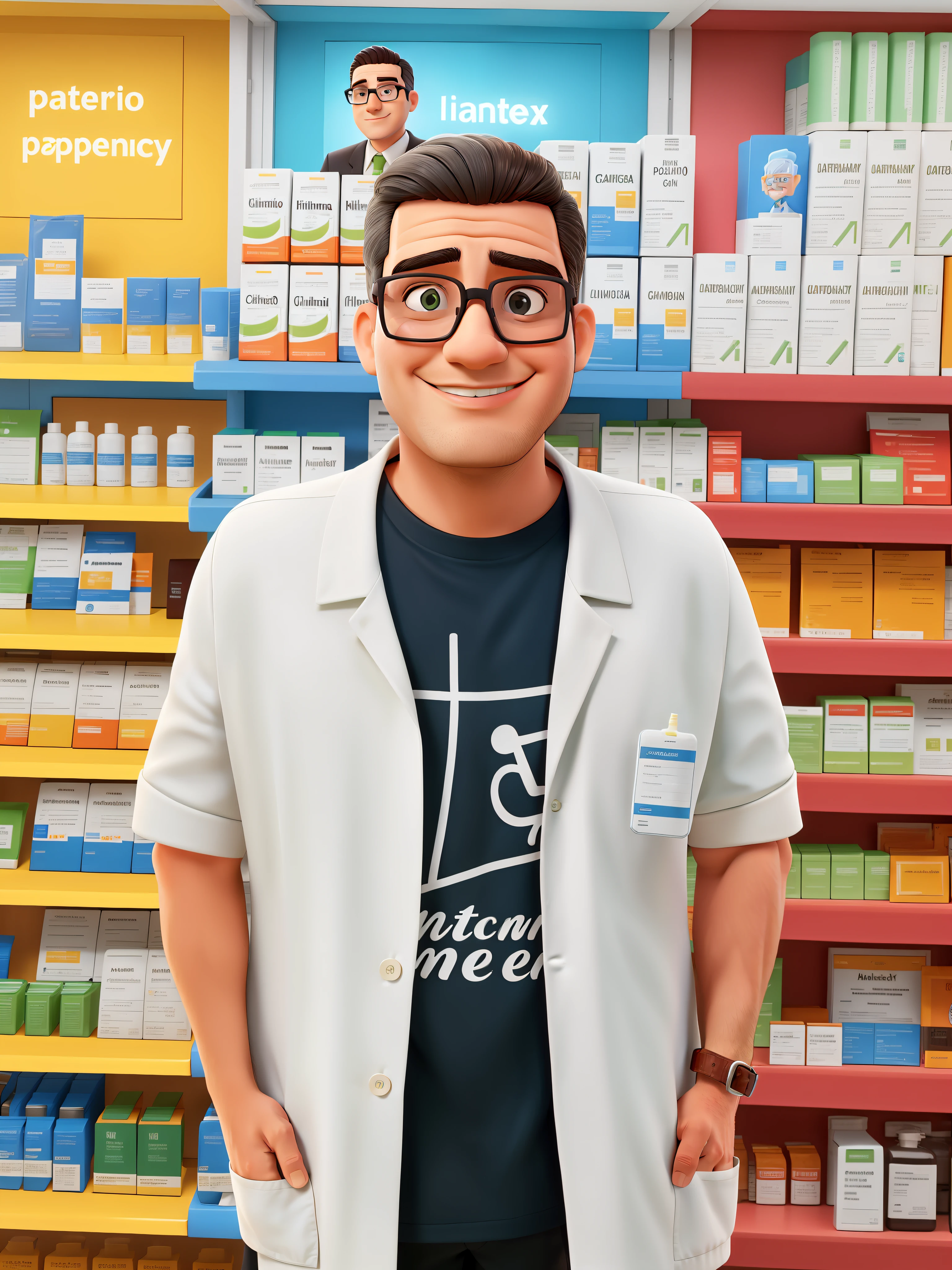 Man with pharmacy experience, Standing near the pharmacy, altamente detalhado, pharmacy scene, colorless glasses incolor in face, cabelo grisalho, cabelo de cor clara e grisalho, rosto arredondado, com papada, 50 anos