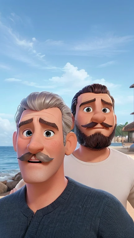 Hay dos hombres parados uno al lado del otro en la playa, the ocean in the background, ocean in background, Foto de vacaciones, , Got a mustache, imagen frontal, Imagen de avatar, Perilla, sin bigote, Dos hombres guapos, pendientes en las dos orejas. Dos hombres muy guapos, pixar, disney, poster pelicula pixar