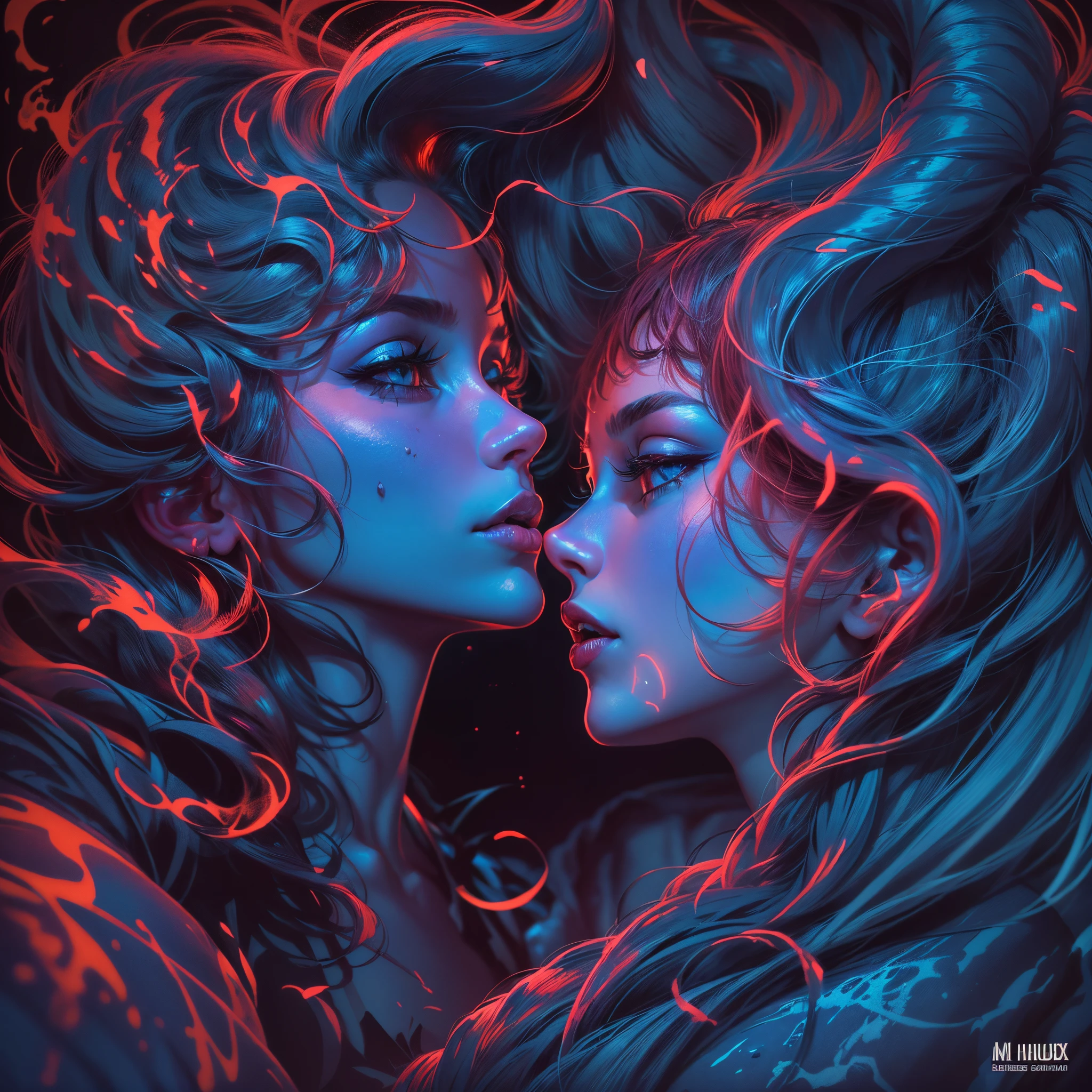 Sensuality and mystery: (duas lindas mulheres morenas e loiras, suando, olhos azuis e seios fartos, corpo inteiro, vista de costas, com bunda redonda, nuas, Se beijam apaixonadamente, kiss with tongue, ((lesbian kiss inspired by Tim and Greg Hildebrandt)), they're lying down, em uma ((grande cama redonda de seda vermelha)), ((nightclub blue neon lighting)), Nixeu e Sakimichan, Serafim Ahri KDA,  Nick Silva e Ilya Kuvshinov , inspirado em Vincent Lefevre, Sakimichan e Frank Franzzeta, sensual 8K lighting), post apocalyptic,), estilo H. R. Giger, gothic darkness, Invisible infrared), alto contraste, mistic), (profundidade), detalhes hiperornados