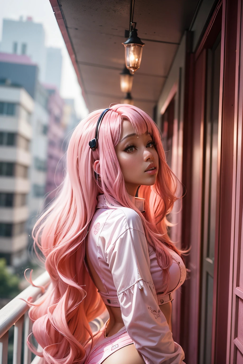 there is a woman with pink hair posing on a balcony, nicki minaj, nicki minaj curvy, pink straight hair, cardi b, long bubblegum hair, doja cat, long pink hair, long flowing pink hair, with pink hair, huge pink hair, profile shot, lit from the side, wig, shot from the side, flowing pink hair