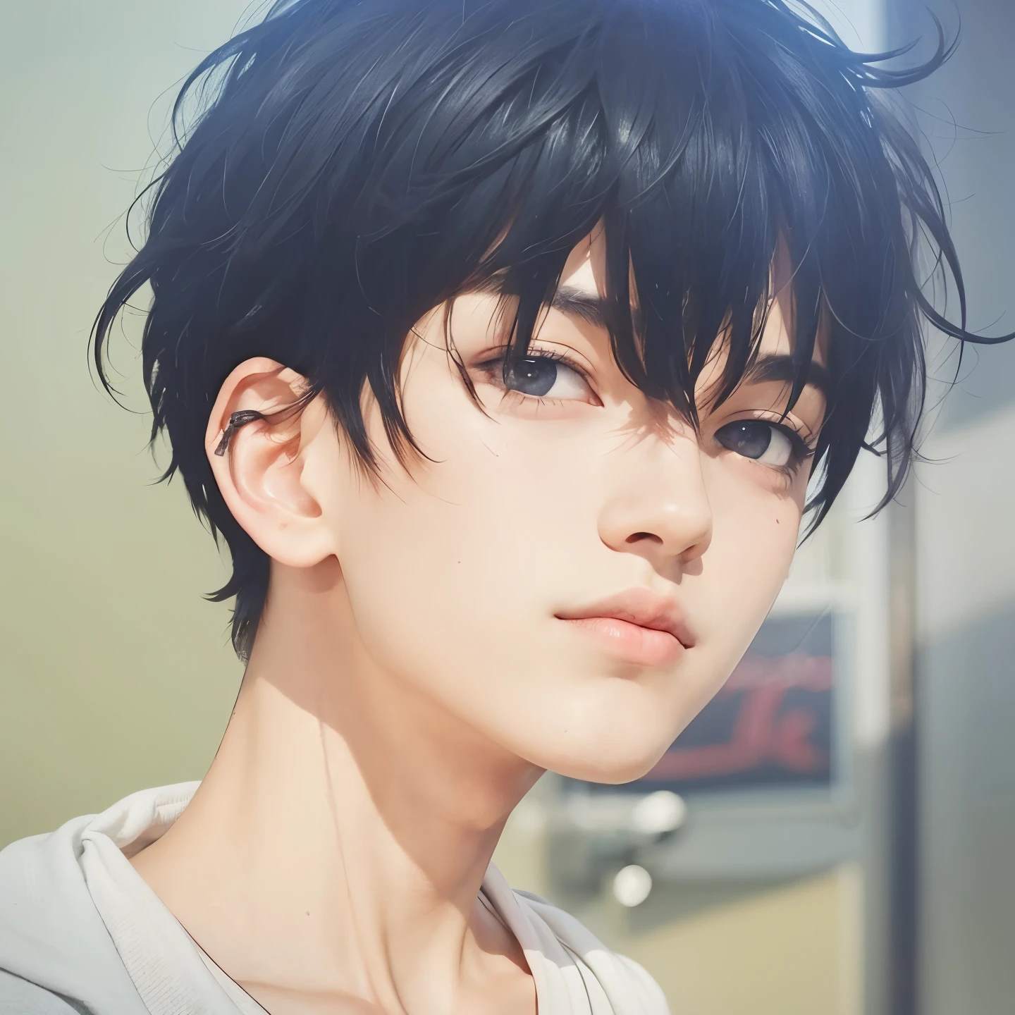 A realistic black-haired teenage boy, (same realistic hairstyle), realistic handsome face, realistic cool expression, adapt the same realistic clothes,realistic light, realistic shadows, realistic background, good image quality, very good image results, 4k, ultra detailed, realistic