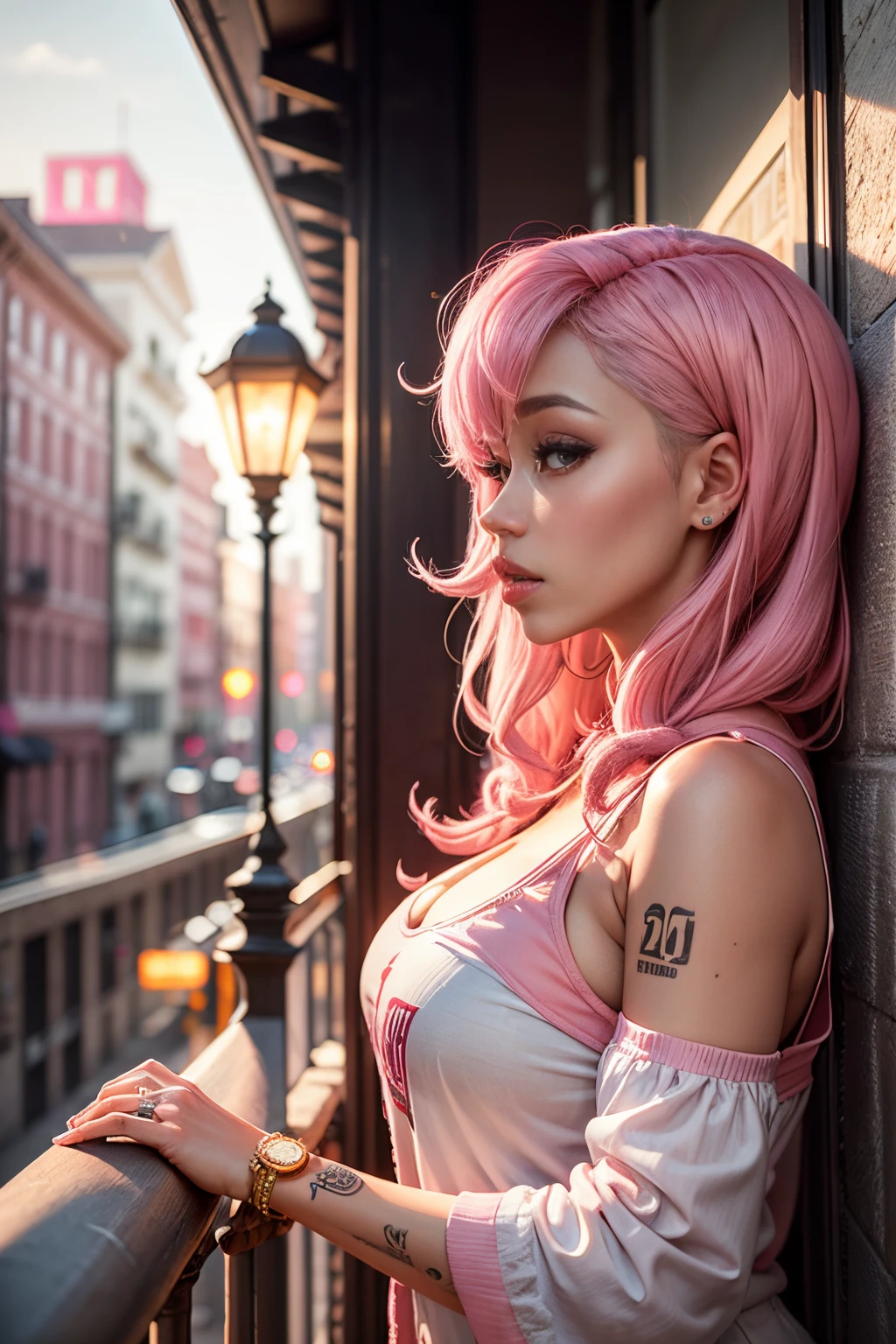 there is a woman with pink hair posing on a balcony, nicki minaj, nicki minaj curvy, pink straight hair, cardi b, long bubblegum hair, doja cat, long pink hair, long flowing pink hair, with pink hair, huge pink hair, profile shot, lit from the side, wig, shot from the side, flowing pink hair