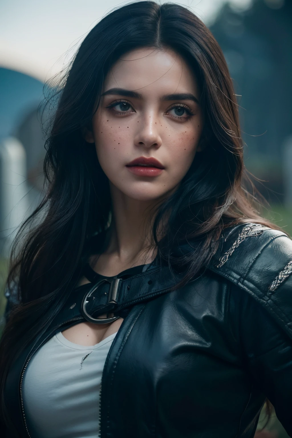 linda guerreira com grandes olhos azuis E longos cabelos pretos, Ela se parece com Yennefer de The Witcher, Ela usa uma jaqueta de couro, cemetery background at night. , your face is stained with blood and freckles, His skin is white, and his expression is angry
