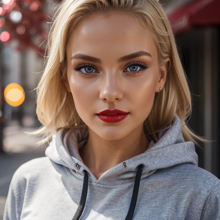 Fit blonde, perfect body, AIbeka, cherry red lipstick, 64k, makeup, full body, top-quality, hightquality, Extreme Detail Photography, Eye for extreme detail, masterpiece, extreme face details, 16k, 8k, 4K, HD, UHD, at work, a beautiful woman, posing for a picture, looking aroused, she is wearing a hoodie with pants, red lips, depth of field, bokeh, close up selfie, blonde Blue Eyes Aibeka, full body view, extreme detailed face, happy, promoting facecream
