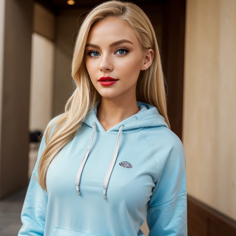 Fit blonde, perfect body, AIbeka, cherry red lipstick, 64k, makeup, full body, top-quality, hightquality, Extreme Detail Photography, Eye for extreme detail, masterpiece, extreme face details, 16k, 8k, 4K, HD, UHD, at work, a beautiful woman, posing for a picture, looking aroused, she is wearing a hoodie with pants, red lips, depth of field, bokeh, close up selfie, blonde Blue Eyes Aibeka, full body view, extreme detailed face, happy, promoting facecream