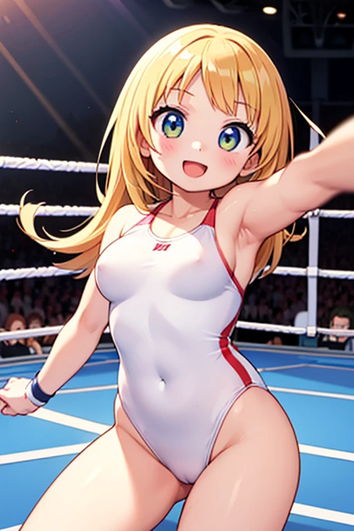 masutepiece, Best Quality, Extremely detailed,, girl,White One Piece Swimsuit,Smile,:D,action,professional wrestling,fight in professional wrestling