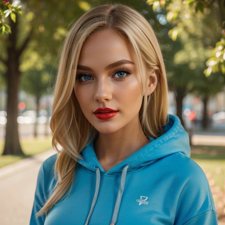 Fit blonde, perfect body, AIbeka, cherry red lipstick, 64k, makeup, full body, top-quality, hightquality, Extreme Detail Photography, Eye for extreme detail, masterpiece, extreme face details, 16k, 8k, 4K, HD, UHD, at work, a beautiful woman, posing for a picture, looking aroused, she is wearing a hoodie with pants, red lips, depth of field, bokeh, close up selfie, blonde Blue Eyes Aibeka, full body view, extreme detailed face, face light reflexiot, with some sun kiss, realistic face with pores, happy, promoting facecream