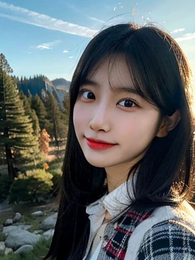 (masterpiece, best quality, photo realistic, official art:1.4), (UHD, 8K quality wallpaper, High resolution, raw photo, film grain:1.2), (shiny skin), professional lighting, physically-based rendering, Award-winning, highly detailed skin, (extremely detailed face and eyes, clear pupils), Carl Zeiss 85 mm F/1.4, depth of field, BREAK, 1girl, solo, kawaii 24-year-old Korean girl, (Nogizaka idol:0.7), (Korean idol:0.9), (glossy straight black hair, shoulder
length straight hair, forehead:1.3), extra rounded face, single eyelid, (soft smiling, closed mouth:1.3), (wearing longsleeved flannel shirt:1.3), (trekking pants, trekking boots:0.7), (breasts emphasized, well shaped medium breasts:0.8), (looking at viewer), BREAK, (at a forest in Yosemite National Park), winter daytime, warm sunlight, (The Half Dome in background:1.2), (seductive posing, dynamic angle:1.3), upper body shot,