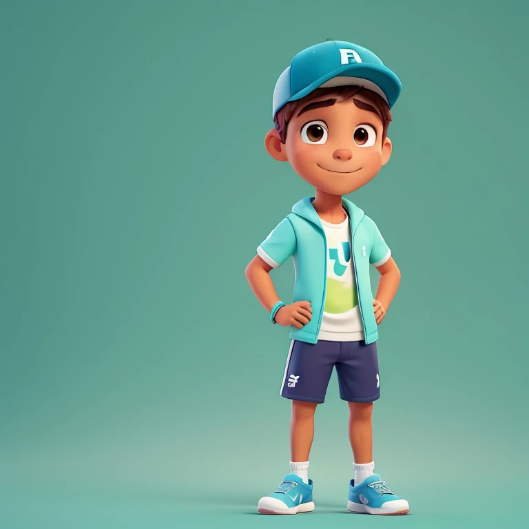 Un solo Hombre joven  de pie exigiendo ropa deportiva y zapatos tennis,y gorra,con colores   que combinen,como si fuera un modelo presentador de un programa de tv,looking closely at the camera with a green background.