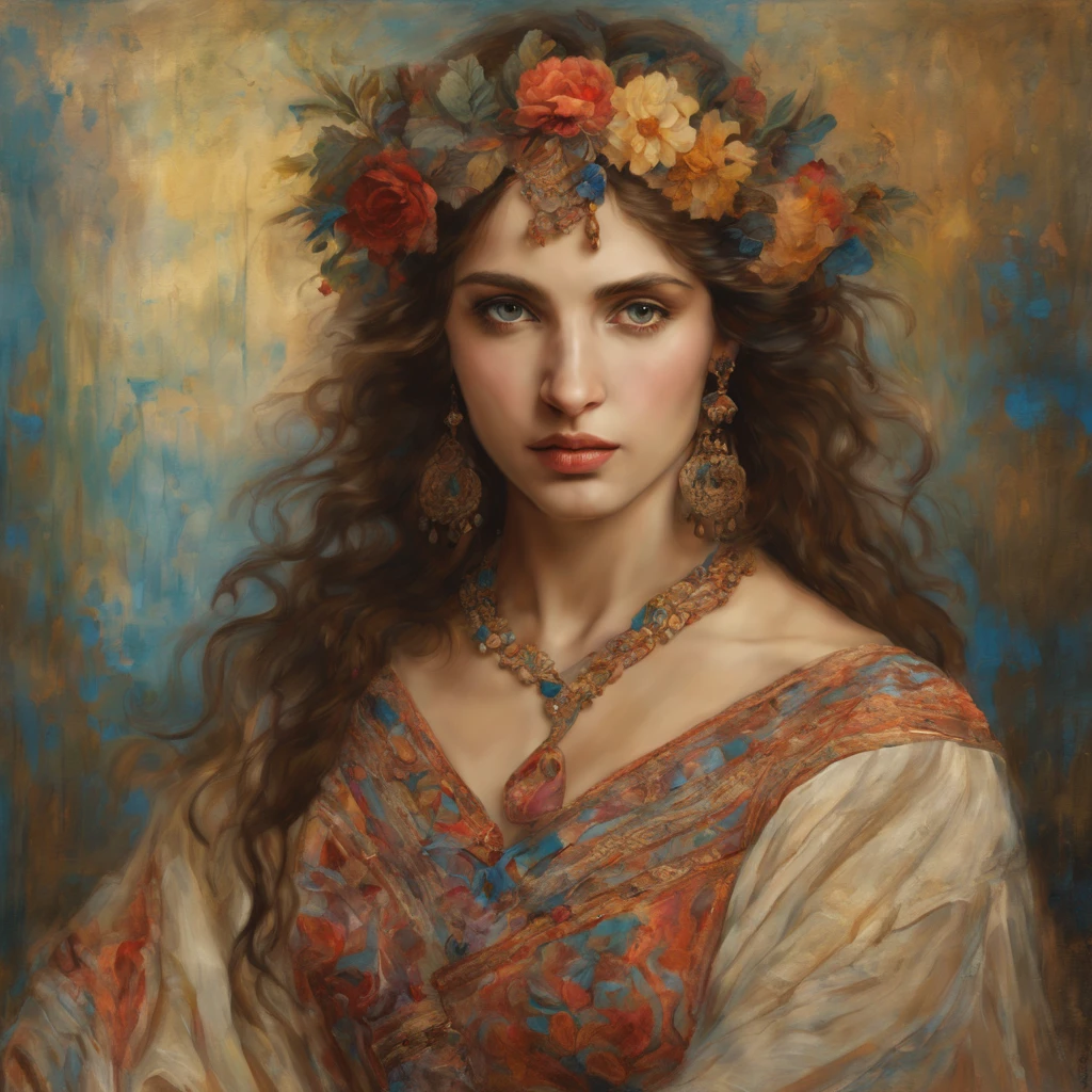 best quality,ultra-detailed,highres,realistic,portrait,painting,gypsy woman,exact rendering,Simeon Solomon,beautiful young woman,detailed eyes,detailed lips,romantic atmosphere,vibrant colors,rich textures,elegant pose,flowing dress,subtle lighting,dreamy background,vintage style,soft brushstrokes,colorful palette,sensual expression,ethereal beauty,lush foliage,graceful gestures,traditional attire,ornate jewelry,mysterious charm,sublime gaze,delicate features,emotional depth,impressionistic elements,impeccable composition