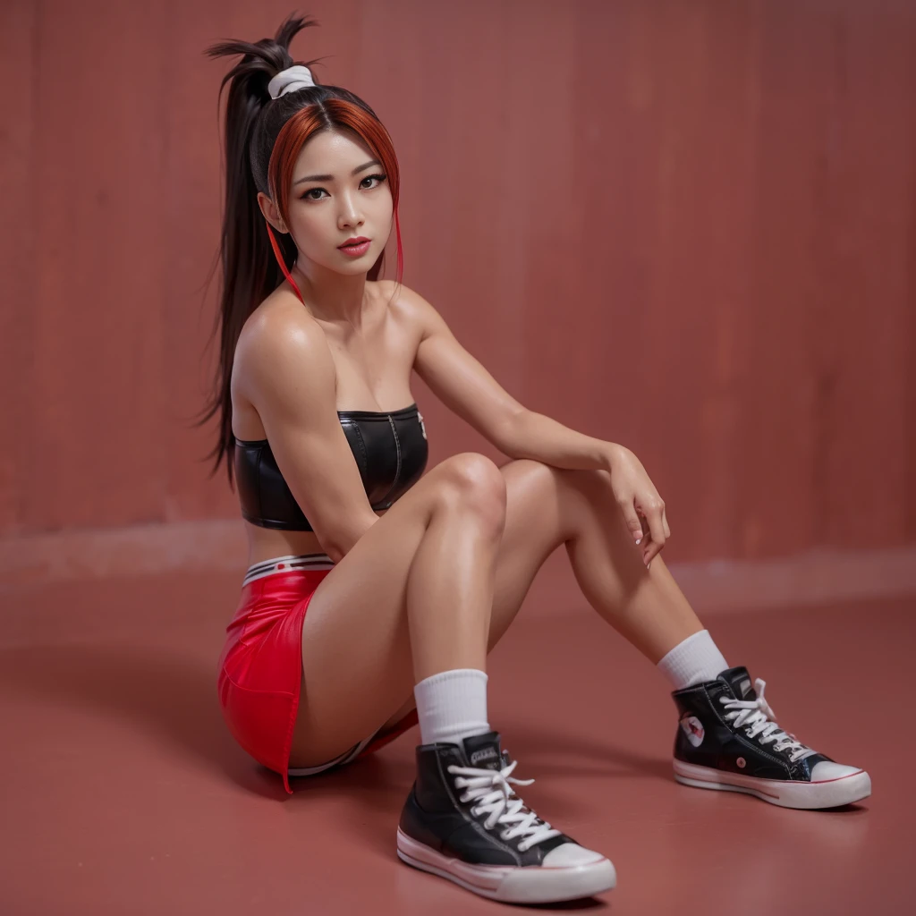 (best quality,ultra-detalhado),(Realistic:1.37),Mai Shiranui, rosto bonito e detalhado, Textura ultrarrealista, rosto delicado, sorrindo, corpo delicado, Fit physique, batom vermelho, olhar sexy, cabelo com pontas vermelhs