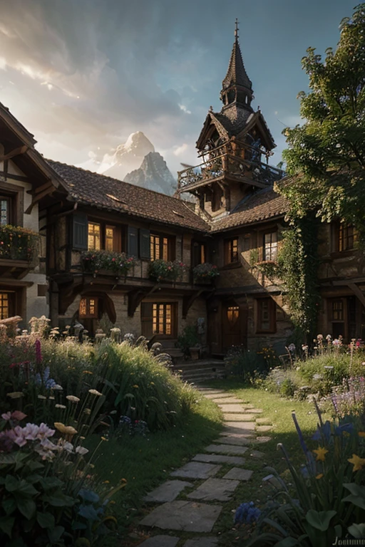 sharp details, a medieval village in switzerland, mess jungle in background, ornate, beautiful, atmosphere, vibe, flowers, concept art illustration, greg rutowski, volumetric lighting, sunbeams, particles, colorful clothes, by Jean-Baptiste Monge, Gilles Beloeil, Tyler Edlin, Marek Okon, Pixar, album art, comic style, golden ratio, perfect composition, a masterpiece, trending on artstation, oversaturated, epic realistic, hdr, intricate details, rutkowski, intricate, cinematic, detailed