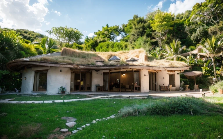 A photograph of a symmetrical contemporary house with (((one hyperbolic paraboloid green roof))) and (((biological pool))) and ((base wall foundation)) in a tropical backyard, with high roof and long eaves, mustard yellow terracota plaster walls (((rustic clay stucco))), ((corner walls rounded)), ((rustic clay plaster)), (((terracotta walls with rounded corners, organic curves))), (((rustic earth plaster, mud))), (((hyperbolic-shaped green roof with wooden edge))), (((wooden roof structure, wooden rake, wooden fascia board))), eaves, ((roof with wooden structure)), In Bahia (((tropical garden))), ((natural houses, organic buildings, organic architecture)), ecovillage, sustainable architecture, bioconstruction architecture, solarpunk architecture, (((grass roof, green roof, green wave roof, rounded roof, vegetated roofs))), (((rock base foundation wall, foundation height 30cm, stone base wall 30cm high))), ((green architecture)), passive house, clear sky in the background, painful beauty, modern, imposing, green house, ((Bali hobbit Hadid Style)), super resolution, cinematic, color grading, editorial photography, photography, photo shoot, (((dramatic front eye top angle view))), O 50mm, depth of field, intricate details, natural colors, sharp focus, warm light, shutter speed 1/1000, F/22, White Balance, Ray Trace Reflections, Lumen Reflections, Screen Space Reflections, Diffraction Rating, Chromatic Aberration, GB Shift, Partial Lighting, Backlighting, Daylighting, Scan Lines, ambient occlusion, antialiasing, shaders, OpenGL-Shaders, GLSL-Shaders, Post-processing, post-production, shading, tone mapping, incredibly detailed and complex, hypermaximalist, elegant, hyperrealistic, super detailed, dynamic pose, Fujifilm XT