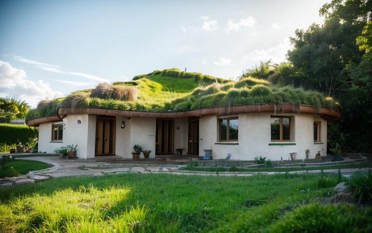 A photograph of a symmetrical contemporary house with (((one hyperbolic paraboloid green roof))) and (((biological pool))) and ((base wall foundation)) in a tropical backyard, with high roof and long eaves, mustard yellow terracota plaster walls (((rustic clay stucco))), ((corner walls rounded)), ((rustic clay plaster)), (((terracotta walls with rounded corners, organic curves))), (((rustic earth plaster, mud))), (((hyperbolic-shaped green roof with wooden edge))), (((wooden roof structure, wooden rake, wooden fascia board))), eaves, ((roof with wooden structure)), In Bahia (((tropical garden))), ((natural houses, organic buildings, organic architecture)), ecovillage, sustainable architecture, bioconstruction architecture, solarpunk architecture, (((grass roof, green roof, green wave roof, rounded roof, vegetated roofs))), (((rock base foundation wall, foundation height 30cm, stone base wall 30cm high))), ((green architecture)), passive house, clear sky in the background, painful beauty, modern, imposing, green house, ((Bali hobbit Hadid Style)), super resolution, cinematic, color grading, editorial photography, photography, photo shoot, (((dramatic front eye top angle view))), O 50mm, depth of field, intricate details, natural colors, sharp focus, warm light, shutter speed 1/1000, F/22, White Balance, Ray Trace Reflections, Lumen Reflections, Screen Space Reflections, Diffraction Rating, Chromatic Aberration, GB Shift, Partial Lighting, Backlighting, Daylighting, Scan Lines, ambient occlusion, antialiasing, shaders, OpenGL-Shaders, GLSL-Shaders, Post-processing, post-production, shading, tone mapping, incredibly detailed and complex, hypermaximalist, elegant, hyperrealistic, super detailed, dynamic pose, Fujifilm XT