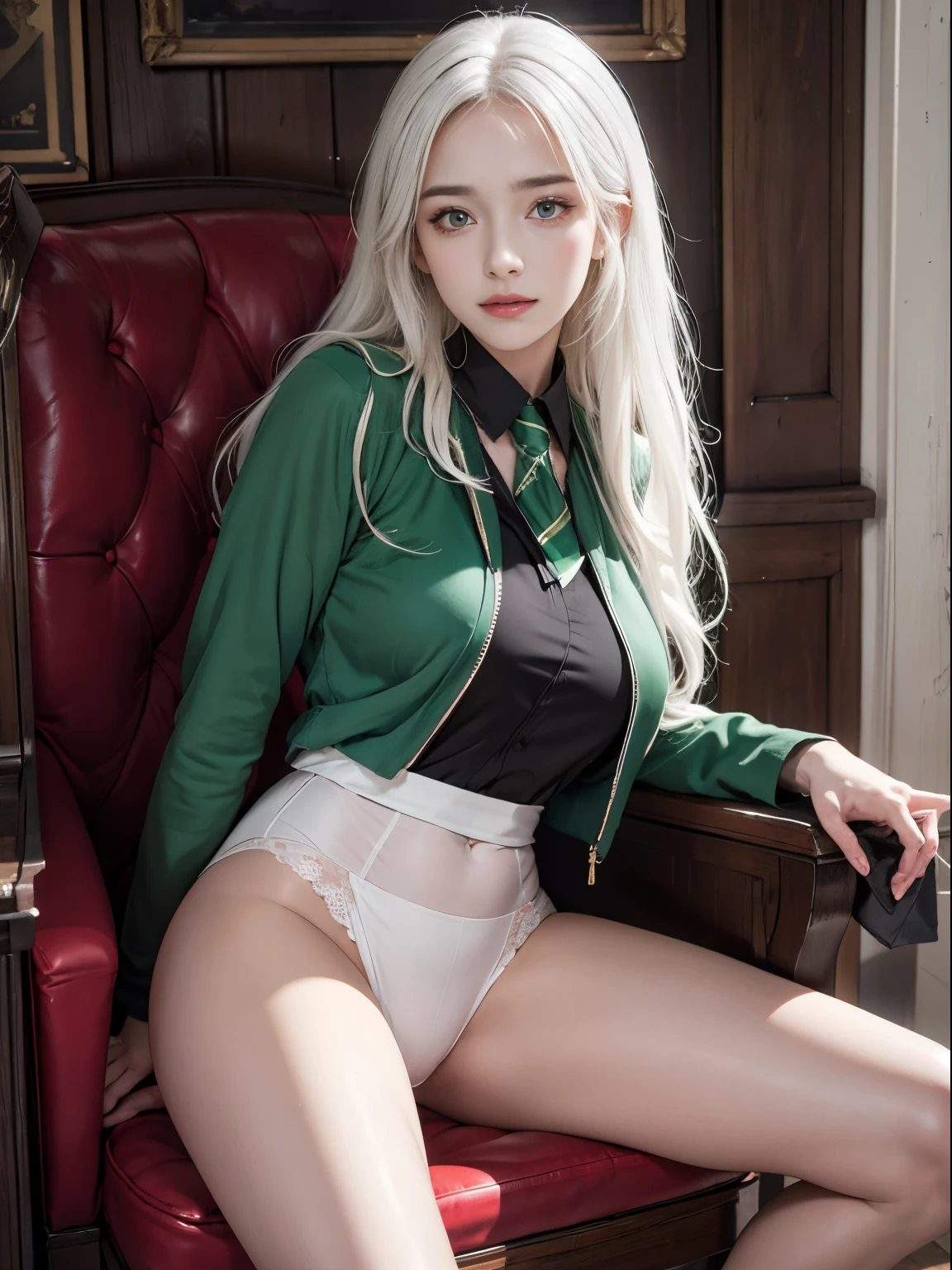 Photorealistic, high resolution, 1womanl, Solo, sit on chair, turn back, show her butt, view the viewer, (Detailed face), Hogwarts uniform, hogsks, Slytherin，blackstockings, white thong,