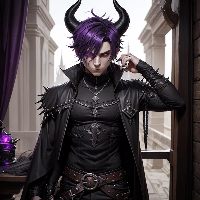 tiefling demon. dark grey short shaggy hair, smoky, layered horns, assassin, , piercings, spikes, facial piercings, purple skin tone, fantasy, medieval, boy, male, emo, large horns, rogue, light muscle tonnage, no lipstick