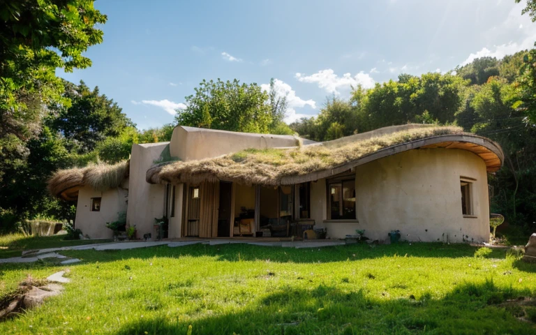 A photograph of a symmetrical contemporary house with (((one hyperbolic paraboloid green roof))) and (((biological pool))) and ((base wall foundation)) in a tropical backyard, with high roof and long eaves, mustard yellow terracota plaster walls (((rustic clay stucco))), ((corner walls rounded)), ((rustic clay plaster)), (((terracotta walls with rounded corners, organic curves))), (((rustic earth plaster, mud))), (((hyperbolic-shaped green roof with wooden edge))), (((wooden roof structure, wooden rake, wooden fascia board))), eaves, ((roof with wooden structure)), In Bahia (((tropical garden))), ((natural houses, organic buildings, organic architecture)), ecovillage, sustainable architecture, bioconstruction architecture, solarpunk architecture, (((grass roof, green roof, green wave roof, rounded roof, vegetated roofs))), (((rock base foundation wall, foundation height 30cm, stone base wall 30cm high))), ((green architecture)), passive house, clear sky in the background, painful beauty, modern, imposing, green house, ((Bali hobbit Hadid Style)), super resolution, cinematic, color grading, editorial photography, photography, photo shoot, (((dramatic front eye top angle view))), O 50mm, depth of field, intricate details, natural colors, sharp focus, warm light, shutter speed 1/1000, F/22, White Balance, Ray Trace Reflections, Lumen Reflections, Screen Space Reflections, Diffraction Rating, Chromatic Aberration, GB Shift, Partial Lighting, Backlighting, Daylighting, Scan Lines, ambient occlusion, antialiasing, shaders, OpenGL-Shaders, GLSL-Shaders, Post-processing, post-production, shading, tone mapping, incredibly detailed and complex, hypermaximalist, elegant, hyperrealistic, super detailed, dynamic pose, Fujifilm XT
