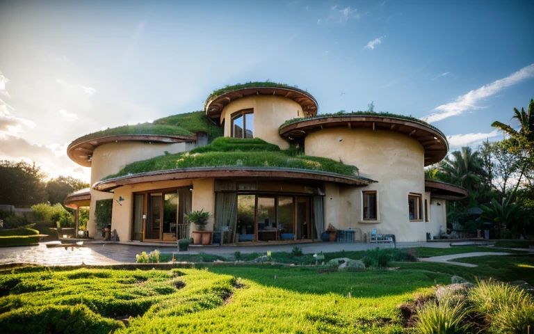 A photograph of a symmetrical contemporary house with (((one hyperbolic paraboloid green roof))) and (((biological pool))) and ((base wall foundation)) in a tropical backyard, with high roof and long eaves, mustard yellow terracota plaster walls (((rustic clay stucco))), ((corner walls rounded)), ((rustic clay plaster)), (((terracotta walls with rounded corners, organic curves))), (((rustic earth plaster, mud))), (((hyperbolic-shaped green roof with wooden edge))), (((wooden roof structure, wooden rake, wooden fascia board))), eaves, ((roof with wooden structure)), In Bahia (((tropical garden))), ((natural houses, organic buildings, organic architecture)), ecovillage, sustainable architecture, bioconstruction architecture, solarpunk architecture, (((grass roof, green roof, green wave roof, rounded roof, vegetated roofs))), (((rock base foundation wall, foundation height 30cm, stone base wall 30cm high))), ((green architecture)), passive house, clear sky in the background, painful beauty, modern, imposing, green house, ((Bali hobbit Hadid Style)), super resolution, cinematic, color grading, editorial photography, photography, photo shoot, (((dramatic front eye top angle view))), O 50mm, depth of field, intricate details, natural colors, sharp focus, warm light, shutter speed 1/1000, F/22, White Balance, Ray Trace Reflections, Lumen Reflections, Screen Space Reflections, Diffraction Rating, Chromatic Aberration, GB Shift, Partial Lighting, Backlighting, Daylighting, Scan Lines, ambient occlusion, antialiasing, shaders, OpenGL-Shaders, GLSL-Shaders, Post-processing, post-production, shading, tone mapping, incredibly detailed and complex, hypermaximalist, elegant, hyperrealistic, super detailed, dynamic pose, Fujifilm XT
