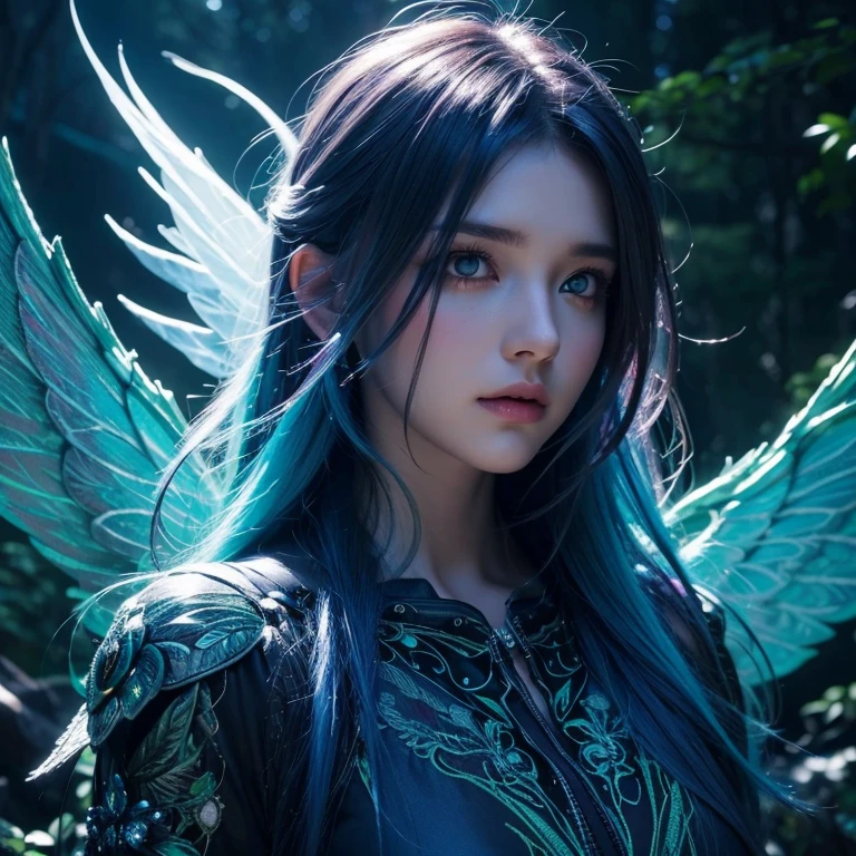 Forest fairy on a dark night, glowing eyes, winged, floating, aura, magic, face, floating glowing dyed hair, Intricately Detailed, fully clothed, 8K Resolution, Dynamic Lighting, Unreal Engine 5, HDR, Perfect Composition, colorful polychromatic, high contrast, ethereal, fantasy, Beautiful face, Photograph