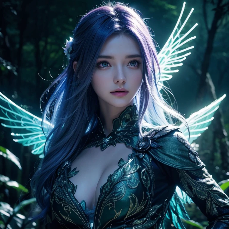 Forest fairy on a dark night, glowing eyes, winged, floating, aura, magic, face, floating glowing dyed hair, Intricately Detailed, fully clothed, 8K Resolution, Dynamic Lighting, Unreal Engine 5, HDR, Perfect Composition, colorful polychromatic, high contrast, ethereal, fantasy, Beautiful face, Photograph