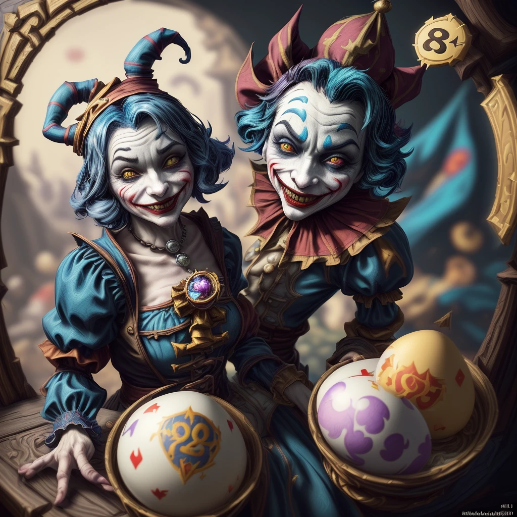 there is a card with a joker face on it surrounded by eggs, michael cheval (unreal engine, collectible card art, 8k high quality detailed art, jester themed, fantasy card game art, medieval jester, anton fadeev 8 k, hyper real render, hearthstone card artwork, 8k render”, hearthstone card art, trending on artstation 4k