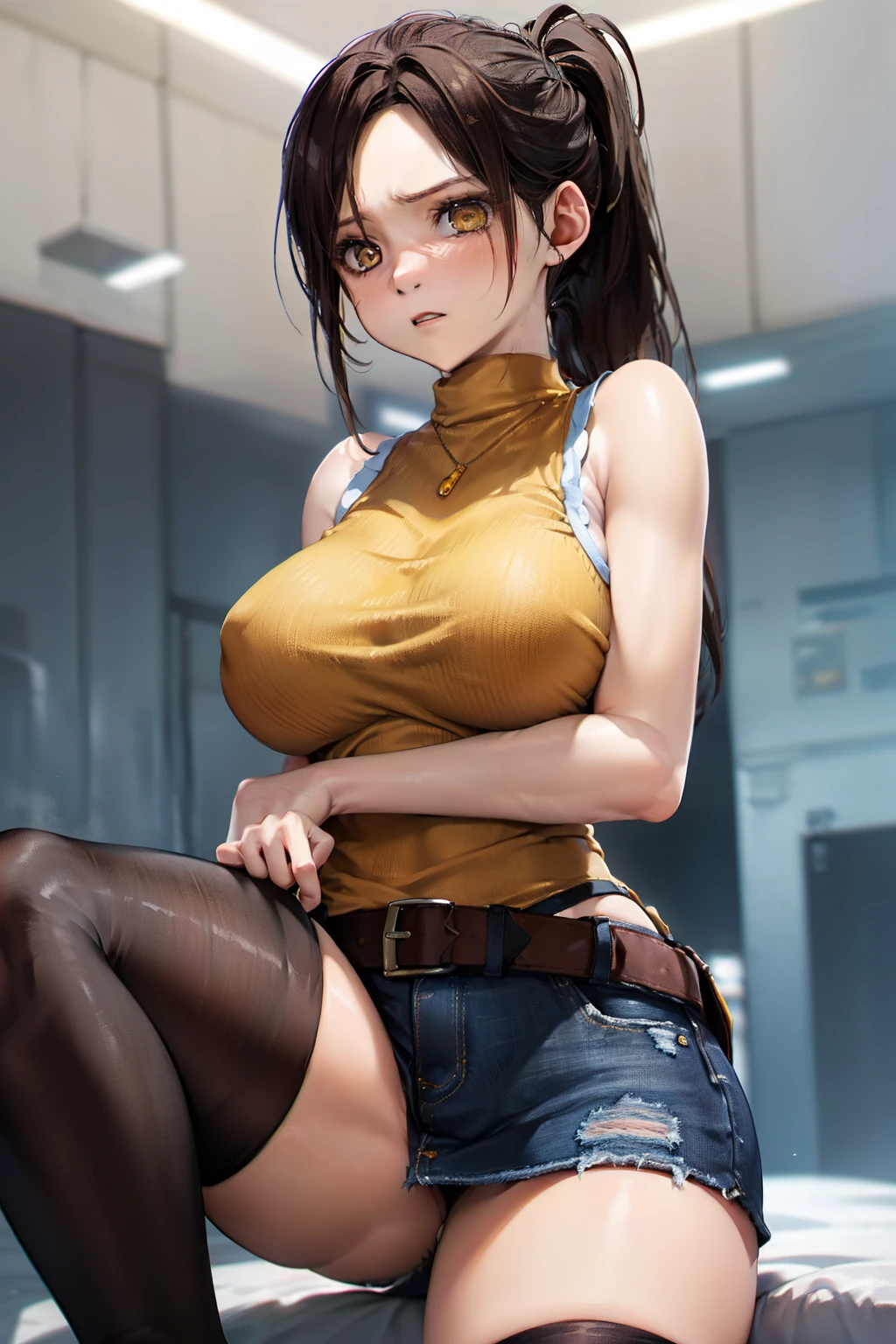 masutepiece, Best Quality, 1girl in, (Claire Redfield), Brown hair, (Yellow eyes:1.2),(Sleeveless knitwear)、((Denim miniskirt))、((Black thigh socks))、((Bedroom))、length hair、poneyTail、((embarassed expression))、((open the legs widely))、(Photo from below)、((Stretch one leg))