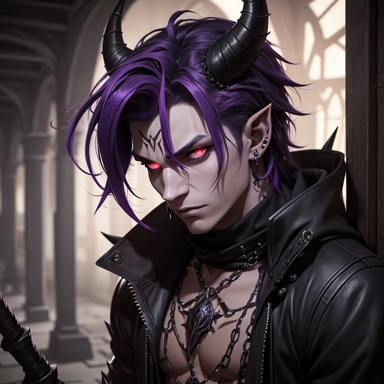 tiefling demon. dark grey short shaggy hair, smoky, layered horns, assassin, , piercings, spikes, facial piercings, purple skin tone,  fantasy, medieval, boy, male, emo, large horns, rogue, light muscle tonnage, no lipstick, one broken horn, scars