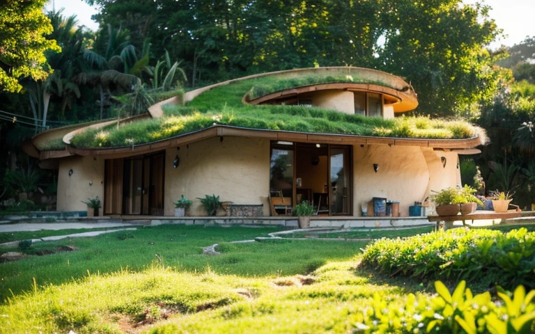 A photograph of a symmetrical contemporary house with (((one hyperbolic paraboloid green roof))) and (((biological pool))) and ((base wall foundation)) in a tropical backyard, with high roof and long eaves, mustard yellow terracota plaster walls (((rustic clay stucco))), ((corner walls rounded)), ((rustic clay plaster)), (((terracotta walls with rounded corners, organic curves))), (((rustic earth plaster, mud))), (((hyperbolic-shaped green roof with wooden edge))), (((wooden roof structure, wooden rake, wooden fascia board))), eaves, ((roof with wooden structure)), In Bahia (((tropical garden))), ((natural houses, organic buildings, organic architecture)), ecovillage, sustainable architecture, bioconstruction architecture, solarpunk architecture, (((grass roof, green roof, green wave roof, rounded roof, vegetated roofs))), (((rock base foundation wall, foundation height 30cm, stone base wall 30cm high))), ((green architecture)), passive house, clear sky in the background, painful beauty, modern, imposing, green house, ((Bali hobbit Hadid Style)), super resolution, cinematic, color grading, editorial photography, photography, photo shoot, (((dramatic front eye top angle view))), O 50mm, depth of field, intricate details, natural colors, sharp focus, warm light, shutter speed 1/1000, F/22, White Balance, Ray Trace Reflections, Lumen Reflections, Screen Space Reflections, Diffraction Rating, Chromatic Aberration, GB Shift, Partial Lighting, Backlighting, Daylighting, Scan Lines, ambient occlusion, antialiasing, shaders, OpenGL-Shaders, GLSL-Shaders, Post-processing, post-production, shading, tone mapping, incredibly detailed and complex, hypermaximalist, elegant, hyperrealistic, super detailed, dynamic pose, Fujifilm XT