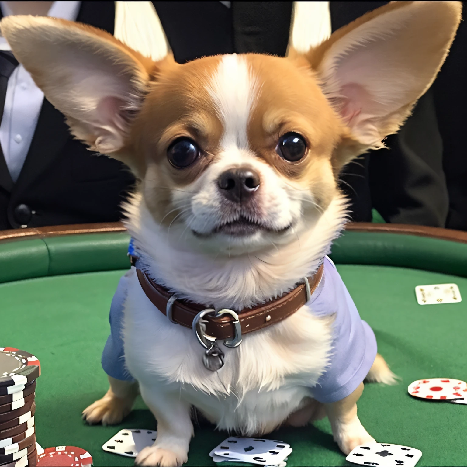 A white mix of Chihuahua and Papillon with brown ears.、Playing poker、「When is the provisional license??」He wears a tag around his neck that says