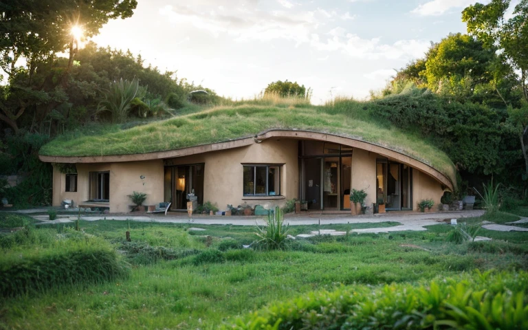 A photograph of a symmetrical contemporary house with (((one hyperbolic paraboloid green roof))) and (((biological pool))) and ((base wall foundation)) in a tropical backyard, with high roof and long eaves, mustard yellow terracota plaster walls (((rustic clay stucco))), ((corner walls rounded)), ((rustic clay plaster)), (((terracotta walls with rounded corners, organic curves))), (((rustic earth plaster, mud))), (((hyperbolic-shaped green roof with wooden edge))), (((wooden roof structure, wooden rake, wooden fascia board))), eaves, ((roof with wooden structure)), In Bahia (((tropical garden))), ((natural houses, organic buildings, organic architecture)), ecovillage, sustainable architecture, bioconstruction architecture, solarpunk architecture, (((grass roof, green roof, green wave roof, rounded roof, vegetated roofs))), (((rock base foundation wall, foundation height 30cm, stone base wall 30cm high))), ((green architecture)), passive house, clear sky in the background, painful beauty, modern, imposing, green house, ((Bali hobbit Hadid Style)), super resolution, cinematic, color grading, editorial photography, photography, photo shoot, (((dramatic front eye top angle view))), O 50mm, depth of field, intricate details, natural colors, sharp focus, warm light, shutter speed 1/1000, F/22, White Balance, Ray Trace Reflections, Lumen Reflections, Screen Space Reflections, Diffraction Rating, Chromatic Aberration, GB Shift, Partial Lighting, Backlighting, Daylighting, Scan Lines, ambient occlusion, antialiasing, shaders, OpenGL-Shaders, GLSL-Shaders, Post-processing, post-production, shading, tone mapping, incredibly detailed and complex, hypermaximalist, elegant, hyperrealistic, super detailed, dynamic pose, Fujifilm XT