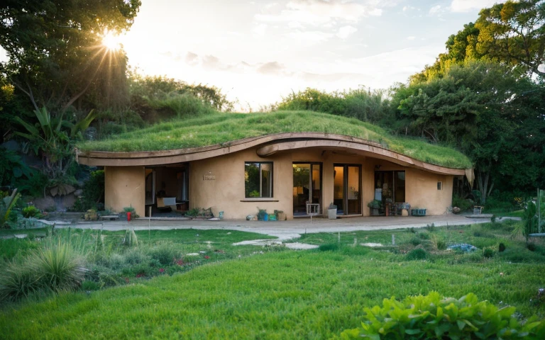 A photograph of a symmetrical contemporary house with (((one hyperbolic paraboloid green roof))) and (((biological pool))) and ((base wall foundation)) in a tropical backyard, with high roof and long eaves, mustard yellow terracota plaster walls (((rustic clay stucco))), ((corner walls rounded)), ((rustic clay plaster)), (((terracotta walls with rounded corners, organic curves))), (((rustic earth plaster, mud))), (((hyperbolic-shaped green roof with wooden edge))), (((wooden roof structure, wooden rake, wooden fascia board))), eaves, ((roof with wooden structure)), In Bahia (((tropical garden))), ((natural houses, organic buildings, organic architecture)), ecovillage, sustainable architecture, bioconstruction architecture, solarpunk architecture, (((grass roof, green roof, green wave roof, rounded roof, vegetated roofs))), (((rock base foundation wall, foundation height 30cm, stone base wall 30cm high))), ((green architecture)), passive house, clear sky in the background, painful beauty, modern, imposing, green house, ((Bali hobbit Hadid Style)), super resolution, cinematic, color grading, editorial photography, photography, photo shoot, (((dramatic front eye top angle view))), O 50mm, depth of field, intricate details, natural colors, sharp focus, warm light, shutter speed 1/1000, F/22, White Balance, Ray Trace Reflections, Lumen Reflections, Screen Space Reflections, Diffraction Rating, Chromatic Aberration, GB Shift, Partial Lighting, Backlighting, Daylighting, Scan Lines, ambient occlusion, antialiasing, shaders, OpenGL-Shaders, GLSL-Shaders, Post-processing, post-production, shading, tone mapping, incredibly detailed and complex, hypermaximalist, elegant, hyperrealistic, super detailed, dynamic pose, Fujifilm XT