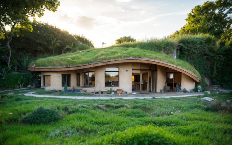 A photograph of a symmetrical contemporary house with (((one hyperbolic paraboloid green roof))) and (((biological pool))) and ((base wall foundation)) in a tropical backyard, with high roof and long eaves, mustard yellow terracota plaster walls (((rustic clay stucco))), ((corner walls rounded)), ((rustic clay plaster)), (((terracotta walls with rounded corners, organic curves))), (((rustic earth plaster, mud))), (((hyperbolic-shaped green roof with wooden edge))), (((wooden roof structure, wooden rake, wooden fascia board))), eaves, ((roof with wooden structure)), In Bahia (((tropical garden))), ((natural houses, organic buildings, organic architecture)), ecovillage, sustainable architecture, bioconstruction architecture, solarpunk architecture, (((grass roof, green roof, green wave roof, rounded roof, vegetated roofs))), (((rock base foundation wall, foundation height 30cm, stone base wall 30cm high))), ((green architecture)), passive house, clear sky in the background, painful beauty, modern, imposing, green house, ((Bali hobbit Hadid Style)), super resolution, cinematic, color grading, editorial photography, photography, photo shoot, (((dramatic front eye top angle view))), O 50mm, depth of field, intricate details, natural colors, sharp focus, warm light, shutter speed 1/1000, F/22, White Balance, Ray Trace Reflections, Lumen Reflections, Screen Space Reflections, Diffraction Rating, Chromatic Aberration, GB Shift, Partial Lighting, Backlighting, Daylighting, Scan Lines, ambient occlusion, antialiasing, shaders, OpenGL-Shaders, GLSL-Shaders, Post-processing, post-production, shading, tone mapping, incredibly detailed and complex, hypermaximalist, elegant, hyperrealistic, super detailed, dynamic pose, Fujifilm XT
