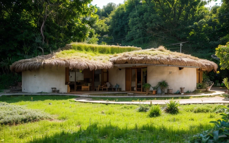 A photograph of a symmetrical contemporary house with (((one hyperbolic paraboloid green roof))) and (((biological pool))) and ((base wall foundation)) in a tropical backyard, with high roof and long eaves, mustard yellow terracota plaster walls (((rustic clay stucco))), ((corner walls rounded)), ((rustic clay plaster)), (((terracotta walls with rounded corners, organic curves))), (((rustic earth plaster, mud))), (((hyperbolic-shaped green roof with wooden edge))), (((wooden roof structure, wooden rake, wooden fascia board))), eaves, ((roof with wooden structure)), In Bahia (((tropical garden))), ((natural houses, organic buildings, organic architecture)), ecovillage, sustainable architecture, bioconstruction architecture, solarpunk architecture, (((grass roof, green roof, green wave roof, rounded roof, vegetated roofs))), (((rock base foundation wall, foundation height 30cm, stone base wall 30cm high))), ((green architecture)), passive house, clear sky in the background, painful beauty, modern, imposing, green house, ((Bali hobbit Hadid Style)), super resolution, cinematic, color grading, editorial photography, photography, photo shoot, (((dramatic front eye top angle view))), O 50mm, depth of field, intricate details, natural colors, sharp focus, warm light, shutter speed 1/1000, F/22, White Balance, Ray Trace Reflections, Lumen Reflections, Screen Space Reflections, Diffraction Rating, Chromatic Aberration, GB Shift, Partial Lighting, Backlighting, Daylighting, Scan Lines, ambient occlusion, antialiasing, shaders, OpenGL-Shaders, GLSL-Shaders, Post-processing, post-production, shading, tone mapping, incredibly detailed and complex, hypermaximalist, elegant, hyperrealistic, super detailed, dynamic pose, Fujifilm XT