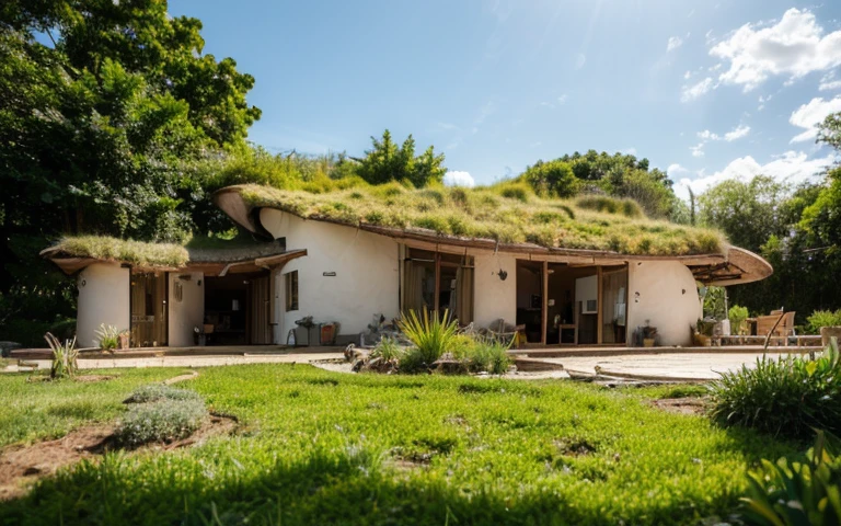 A photograph of a symmetrical contemporary house with (((one hyperbolic paraboloid green roof))) and (((biological pool))) and ((base wall foundation)) in a tropical backyard, with high roof and long eaves, mustard yellow terracota plaster walls (((rustic clay stucco))), ((corner walls rounded)), ((rustic clay plaster)), (((terracotta walls with rounded corners, organic curves))), (((rustic earth plaster, mud))), (((hyperbolic-shaped green roof with wooden edge))), (((wooden roof structure, wooden rake, wooden fascia board))), eaves, ((roof with wooden structure)), In Bahia (((tropical garden))), ((natural houses, organic buildings, organic architecture)), ecovillage, sustainable architecture, bioconstruction architecture, solarpunk architecture, (((grass roof, green roof, green wave roof, rounded roof, vegetated roofs))), (((rock base foundation wall, foundation height 30cm, stone base wall 30cm high))), ((green architecture)), passive house, clear sky in the background, painful beauty, modern, imposing, green house, ((Bali hobbit Hadid Style)), super resolution, cinematic, color grading, editorial photography, photography, photo shoot, (((dramatic front eye top angle view))), O 50mm, depth of field, intricate details, natural colors, sharp focus, warm light, shutter speed 1/1000, F/22, White Balance, Ray Trace Reflections, Lumen Reflections, Screen Space Reflections, Diffraction Rating, Chromatic Aberration, GB Shift, Partial Lighting, Backlighting, Daylighting, Scan Lines, ambient occlusion, antialiasing, shaders, OpenGL-Shaders, GLSL-Shaders, Post-processing, post-production, shading, tone mapping, incredibly detailed and complex, hypermaximalist, elegant, hyperrealistic, super detailed, dynamic pose, Fujifilm XT
