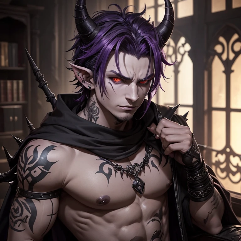 tiefling demon. dark grey short shaggy hair, smoky, layered horns, assassin, 17 years old, piercings, spikes, facial piercings, purple skin tone,  fantasy, medieval, boy, male, emo, large horns, rogue, light muscle tonnage, no lipstick, one broken horn, scars, tattoos, thick curled horns