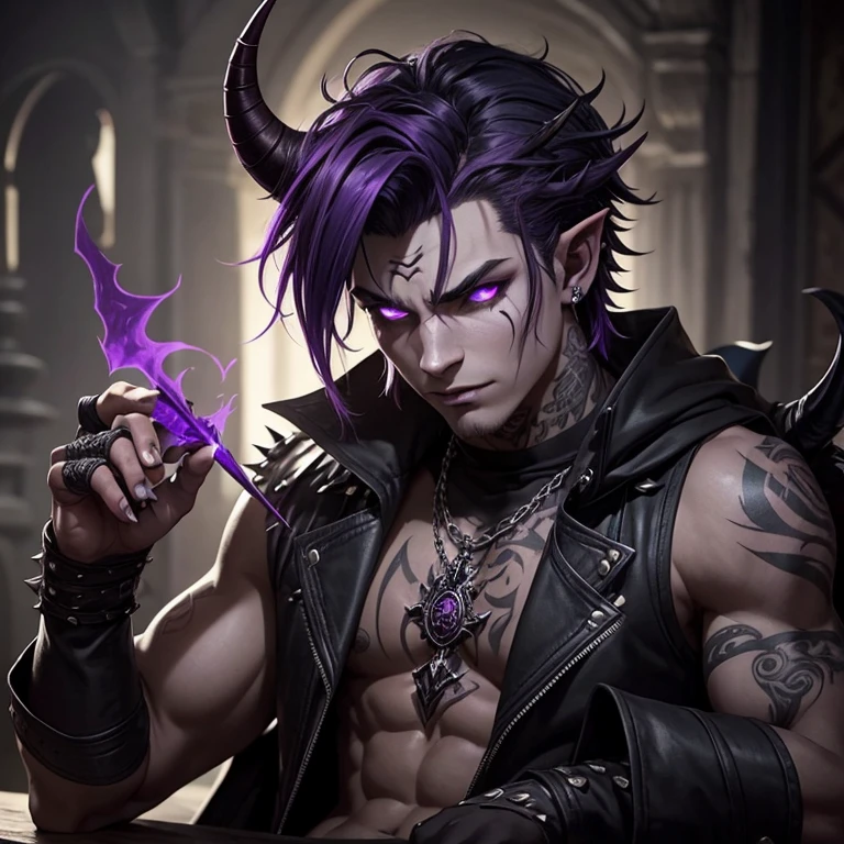tiefling demon. dark grey short shaggy hair, smoky, layered horns, assassin, , piercings, spikes, facial piercings, purple skin tone, fantasy, medieval, boy, male, emo, large horns, rogue, light muscle tonnage, no lipstick, one broken horn, scars, tattoos, four curled horns, soft features, shirt on, masculine, fem, eyeliner, no facial hair