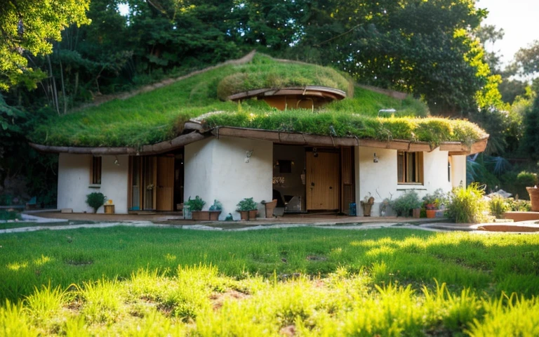 A photograph of a symmetrical contemporary house with (((one hyperbolic paraboloid green roof))) and (((biological pool))) and ((base wall foundation)) in a tropical backyard, with high roof and long eaves, mustard yellow terracota plaster walls (((rustic clay stucco))), ((corner walls rounded)), ((rustic clay plaster)), (((terracotta walls with rounded corners, organic curves))), (((rustic earth plaster, mud))), (((hyperbolic-shaped green roof with wooden edge))), (((wooden roof structure, wooden rake, wooden fascia board))), eaves, ((roof with wooden structure)), In Bahia (((tropical garden))), ((natural houses, organic buildings, organic architecture)), ecovillage, sustainable architecture, bioconstruction architecture, solarpunk architecture, (((grass roof, green roof, green wave roof, rounded roof, vegetated roofs))), (((rock base foundation wall, foundation height 30cm, stone base wall 30cm high))), ((green architecture)), passive house, clear sky in the background, painful beauty, modern, imposing, green house, ((Bali hobbit Hadid Style)), super resolution, cinematic, color grading, editorial photography, photography, photo shoot, (((dramatic front eye top angle view))), O 50mm, depth of field, intricate details, natural colors, sharp focus, warm light, shutter speed 1/1000, F/22, White Balance, Ray Trace Reflections, Lumen Reflections, Screen Space Reflections, Diffraction Rating, Chromatic Aberration, GB Shift, Partial Lighting, Backlighting, Daylighting, Scan Lines, ambient occlusion, antialiasing, shaders, OpenGL-Shaders, GLSL-Shaders, Post-processing, post-production, shading, tone mapping, incredibly detailed and complex, hypermaximalist, elegant, hyperrealistic, super detailed, dynamic pose, Fujifilm XT