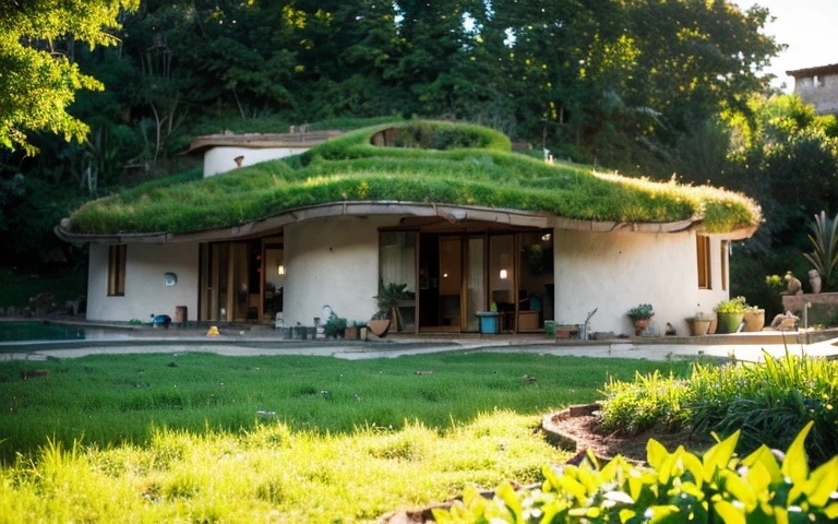 A photograph of a symmetrical contemporary house with (((one hyperbolic paraboloid green roof))) and (((biological pool))) and ((base wall foundation)) in a tropical backyard, with high roof and long eaves, mustard yellow terracota plaster walls (((rustic clay stucco))), ((corner walls rounded)), ((rustic clay plaster)), (((terracotta walls with rounded corners, organic curves))), (((rustic earth plaster, mud))), (((hyperbolic-shaped green roof with wooden edge))), (((wooden roof structure, wooden rake, wooden fascia board))), eaves, ((roof with wooden structure)), In Bahia (((tropical garden))), ((natural houses, organic buildings, organic architecture)), ecovillage, sustainable architecture, bioconstruction architecture, solarpunk architecture, (((grass roof, green roof, green wave roof, rounded roof, vegetated roofs))), (((rock base foundation wall, foundation height 30cm, stone base wall 30cm high))), ((green architecture)), passive house, clear sky in the background, painful beauty, modern, imposing, green house, ((Bali hobbit Hadid Style)), super resolution, cinematic, color grading, editorial photography, photography, photo shoot, (((dramatic front eye top angle view))), O 50mm, depth of field, intricate details, natural colors, sharp focus, warm light, shutter speed 1/1000, F/22, White Balance, Ray Trace Reflections, Lumen Reflections, Screen Space Reflections, Diffraction Rating, Chromatic Aberration, GB Shift, Partial Lighting, Backlighting, Daylighting, Scan Lines, ambient occlusion, antialiasing, shaders, OpenGL-Shaders, GLSL-Shaders, Post-processing, post-production, shading, tone mapping, incredibly detailed and complex, hypermaximalist, elegant, hyperrealistic, super detailed, dynamic pose, Fujifilm XT