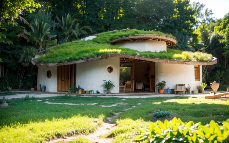 A photograph of a symmetrical contemporary house with (((one hyperbolic paraboloid green roof))) and (((biological pool))) and ((base wall foundation)) in a tropical backyard, with high roof and long eaves, mustard yellow terracota plaster walls (((rustic clay stucco))), ((corner walls rounded)), ((rustic clay plaster)), (((terracotta walls with rounded corners, organic curves))), (((rustic earth plaster, mud))), (((hyperbolic-shaped green roof with wooden edge))), (((wooden roof structure, wooden rake, wooden fascia board))), eaves, ((roof with wooden structure)), In Bahia (((tropical garden))), ((natural houses, organic buildings, organic architecture)), ecovillage, sustainable architecture, bioconstruction architecture, solarpunk architecture, (((grass roof, green roof, green wave roof, rounded roof, vegetated roofs))), (((rock base foundation wall, foundation height 30cm, stone base wall 30cm high))), ((green architecture)), passive house, clear sky in the background, painful beauty, modern, imposing, green house, ((Bali hobbit Hadid Style)), super resolution, cinematic, color grading, editorial photography, photography, photo shoot, (((dramatic front eye top angle view))), O 50mm, depth of field, intricate details, natural colors, sharp focus, warm light, shutter speed 1/1000, F/22, White Balance, Ray Trace Reflections, Lumen Reflections, Screen Space Reflections, Diffraction Rating, Chromatic Aberration, GB Shift, Partial Lighting, Backlighting, Daylighting, Scan Lines, ambient occlusion, antialiasing, shaders, OpenGL-Shaders, GLSL-Shaders, Post-processing, post-production, shading, tone mapping, incredibly detailed and complex, hypermaximalist, elegant, hyperrealistic, super detailed, dynamic pose, Fujifilm XT
