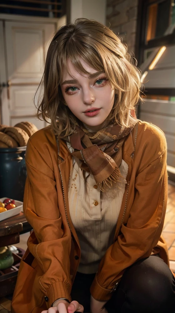 1girl, blonde BREAK ellafreya BREAK arafed woman with blonde hair and a scarf standing on a tiled floor BREAK (standing, looking like ashley graham), (wearing orange jacket, yellow sweater blouse), short hair, resident evil 4, 2b, smiling, medium breasts, female protagonist, game character BREAK 16K, UHD, unreal engine 5, quality max, max resolution, ultra-realistic, ultra-detailed, maximum sharpness BREAK (detailed green eyes, high details on face), bright eyes, ultra-realistic, (above view),