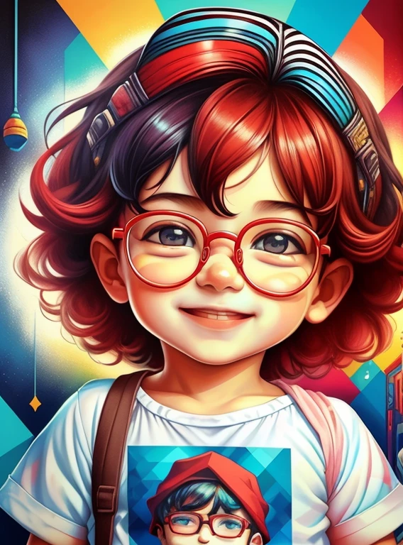 (cute baby boy smiling with glasses and a train) stylized identical to 1940 |)), acolchoamento ,multidimensional geometric wall PORTRAIT, arte, Chibi,
Yang016K, lindo,(( cor vermelha predominante, azul e branco))
Primary works, qualidade superior, melhor qualidade, Arte Oficial, Beautiful and Aesthetic,),  Eduardo Kobra acolchoamento ,multidimensional geometric wall PORTRAIT, arte, Chibo,detalhes