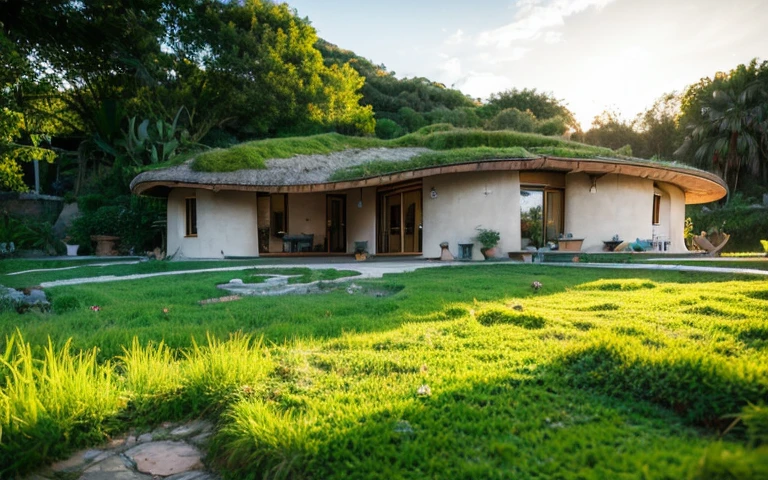A photograph of a symmetrical contemporary house with (((one hyperbolic paraboloid green roof))) and (((biological pool))) and ((base wall foundation)) in a tropical backyard, with high roof and long eaves, mustard yellow terracota plaster walls (((rustic clay stucco))), ((corner walls rounded)), ((rustic clay plaster)), (((terracotta walls with rounded corners, organic curves))), (((rustic earth plaster, mud))), (((hyperbolic-shaped green roof with wooden edge))), (((wooden roof structure, wooden rake, wooden fascia board))), eaves, ((roof with wooden structure)), In Bahia (((tropical garden))), ((natural houses, organic buildings, organic architecture)), ecovillage, sustainable architecture, bioconstruction architecture, solarpunk architecture, (((grass roof, green roof, green wave roof, rounded roof, vegetated roofs))), (((rock base foundation wall, foundation height 30cm, stone base wall 30cm high))), ((green architecture)), passive house, clear sky in the background, painful beauty, modern, imposing, green house, ((Bali hobbit Hadid Style)), super resolution, cinematic, color grading, editorial photography, photography, photo shoot, (((dramatic front eye top angle view))), O 50mm, depth of field, intricate details, natural colors, sharp focus, warm light, shutter speed 1/1000, F/22, White Balance, Ray Trace Reflections, Lumen Reflections, Screen Space Reflections, Diffraction Rating, Chromatic Aberration, GB Shift, Partial Lighting, Backlighting, Daylighting, Scan Lines, ambient occlusion, antialiasing, shaders, OpenGL-Shaders, GLSL-Shaders, Post-processing, post-production, shading, tone mapping, incredibly detailed and complex, hypermaximalist, elegant, hyperrealistic, super detailed, dynamic pose, Fujifilm XT