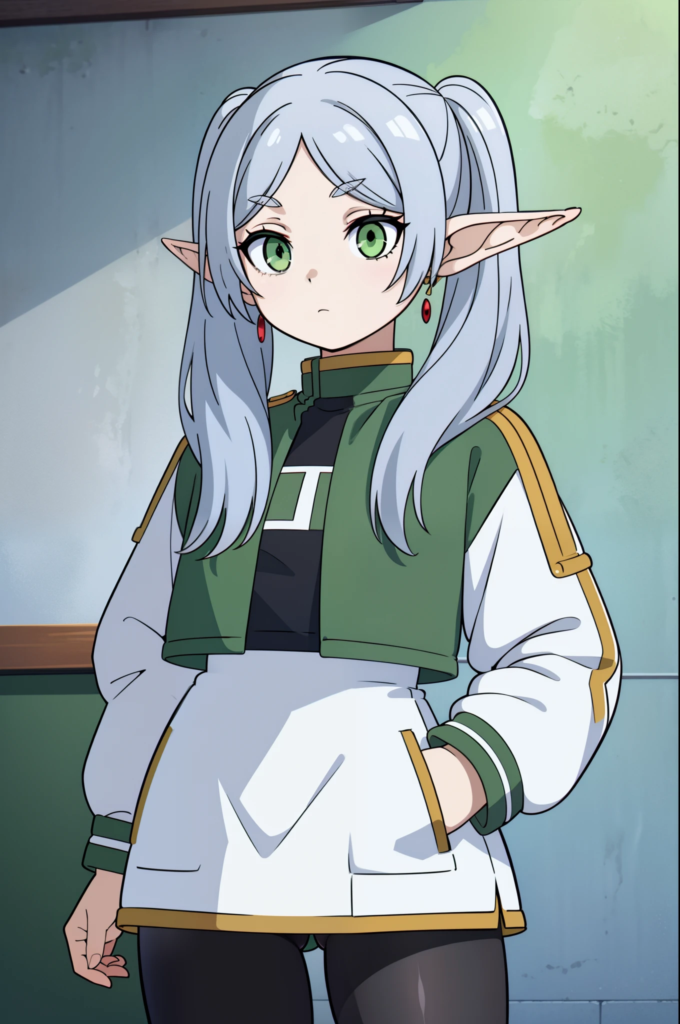 masterpiece, illustration, best quality, 8k, 1girl, solo, frieren, long hair, twintails, (green eyes:1.2), grey hair, pointy ears, elf, serious, calm behaviour, inexpressive, small breasts, shorts, (pantyhose), jacket, big jacket, thighs, abs, (hands on pockets), ((close-up)), upper body