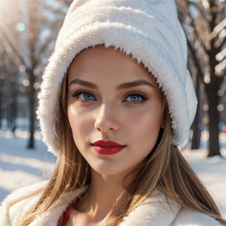 Fit blonde, perfect body, AIbeka, cherry red lipstick, 64k, makeup, full body, top-quality, hightquality, Extreme Detail Photography, Eye for extreme detail, masterpiece, extreme face details, 16k, 8k, 4K, HD, UHD, at work, a beautiful woman, posing for a picture, looking aroused, she is wearing coat, red lips, depth of field, bokeh, close up selfie, blonde Blue Eyes Aibeka, full body view, extreme detailed face, face light reflection, with some sun kiss, realistic face with pores, happy, fur winter, winter hat, real not perfect faceskin, cristmas tree, standing full body
